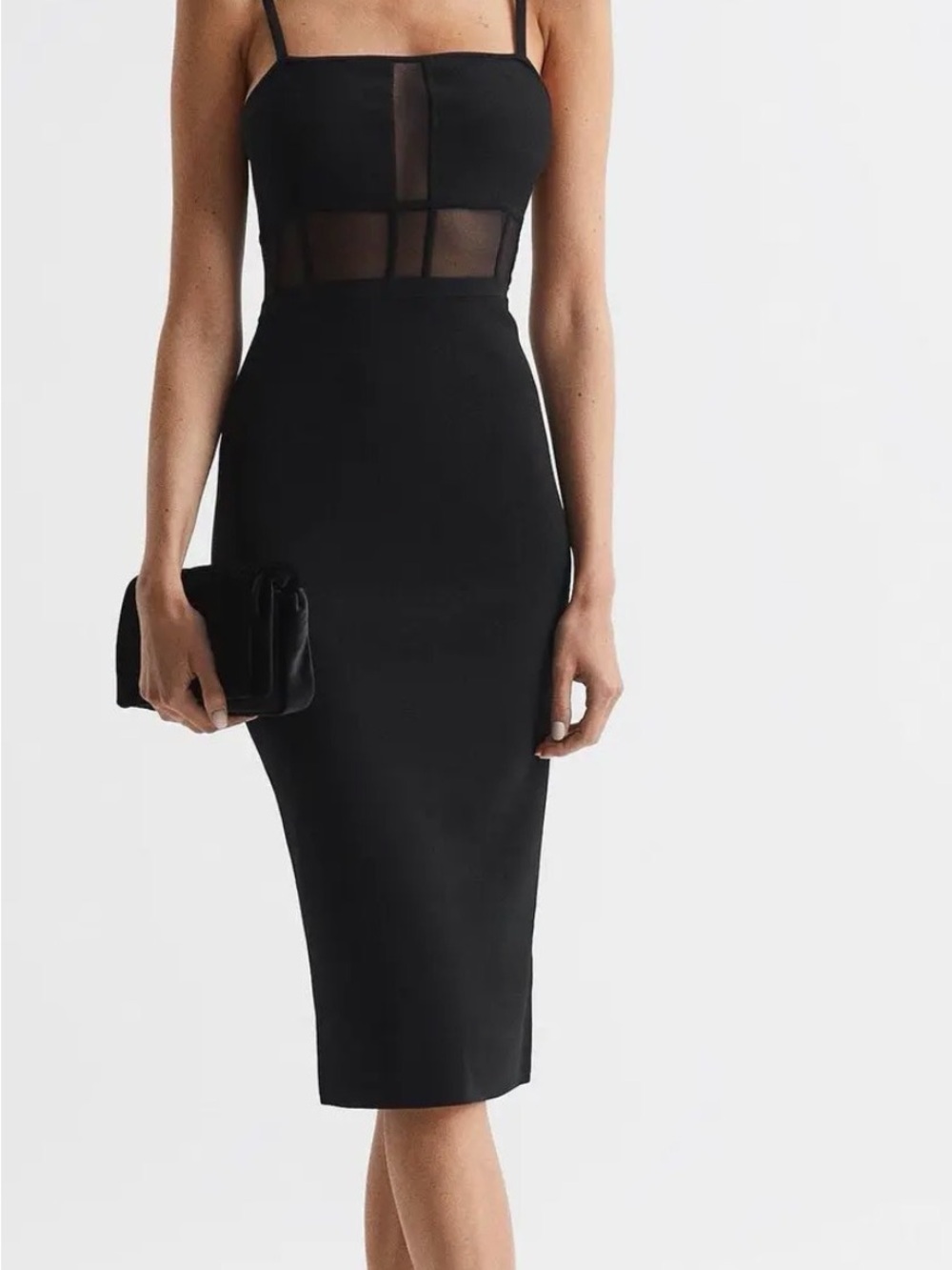 Reiss Black Sheer-Panel Pencil Midi dress, M